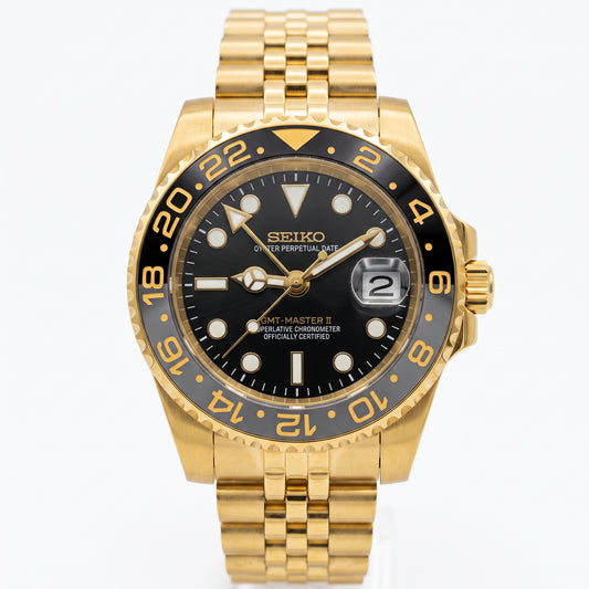 GMTeiko Gold Zombie Seiko mod watch front view | The Golden Mods