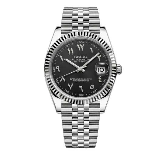 Seikojust Black Arabic Dial Seiko mod watch front view | The Golden Mods