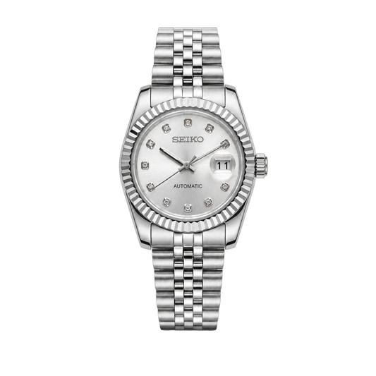 Ladyjust Silver Diamond Seiko mod watch front view | The Golden Mods