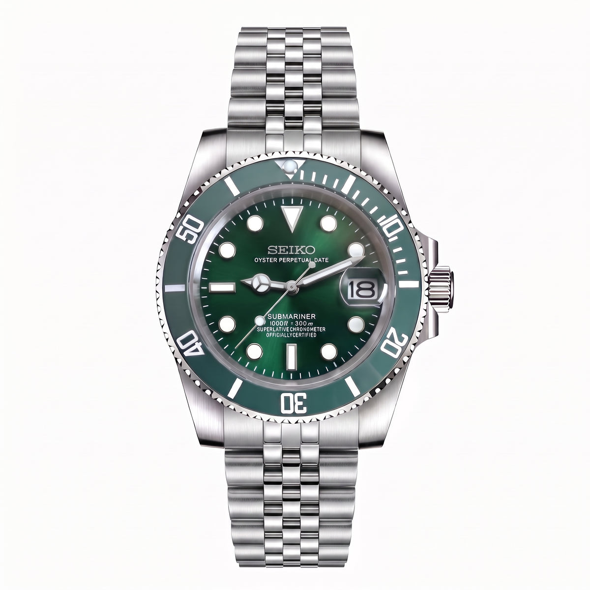 Seikomariner Hulk Seiko mod watch – green dial, Jubilee bracelet
