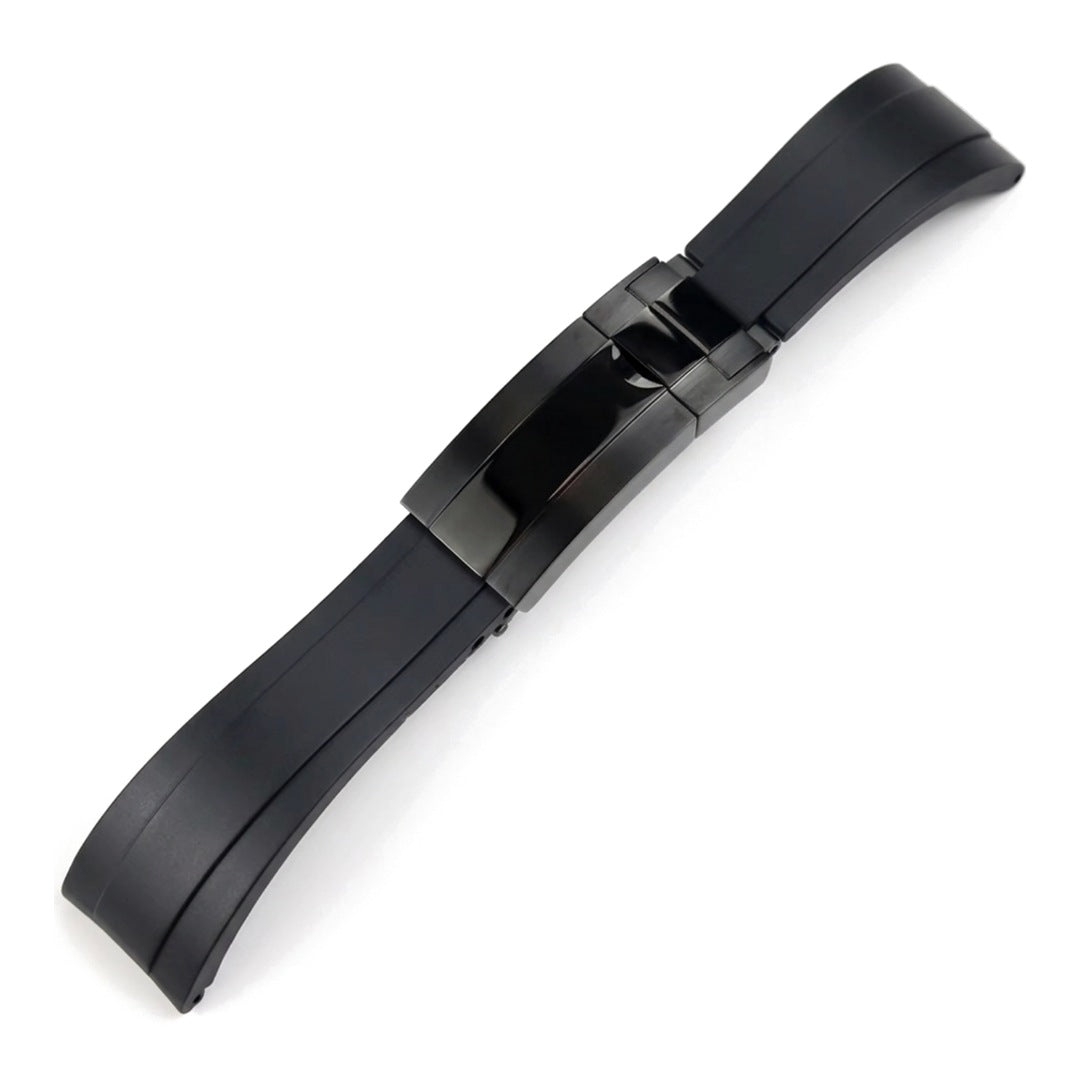 Oysterflex curved-end rubber watch strap in black with black folding clasp | The Golden Mods