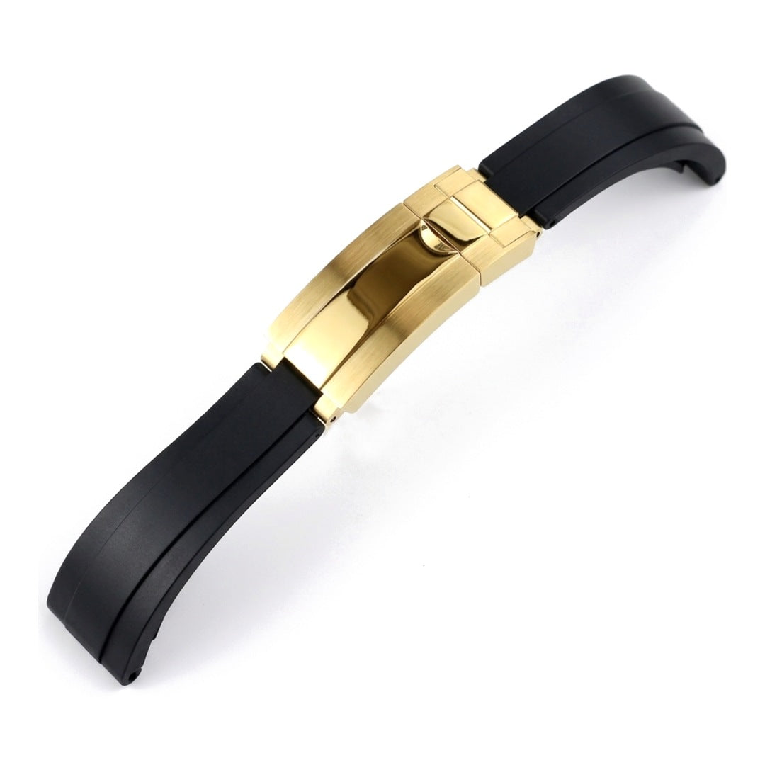 Oysterflex curved-end rubber watch strap in black with gold folding clasp | The Golden Mods