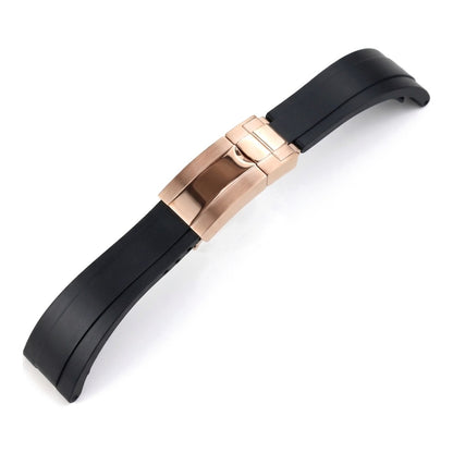Oysterflex curved-end rubber watch strap in black with rose gold folding clasp | The Golden Mods