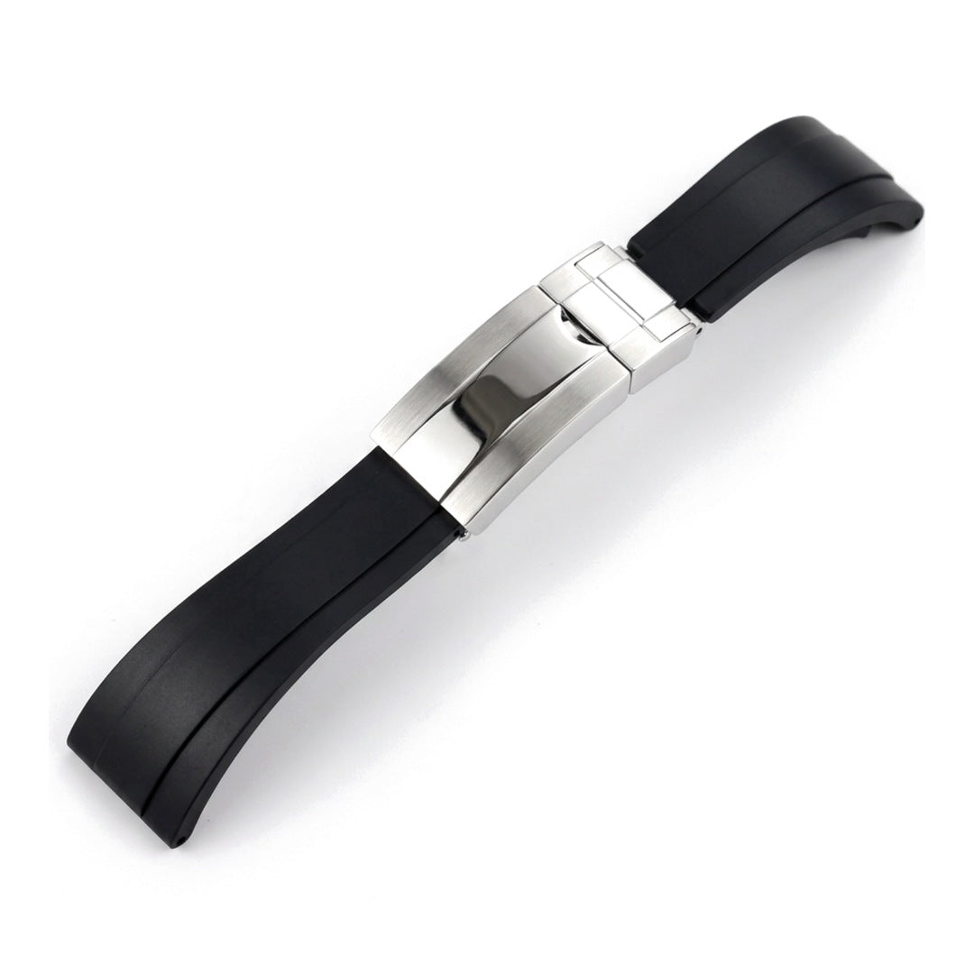 Oysterflex curved-end rubber watch strap in black with steel folding clasp | The Golden Mods