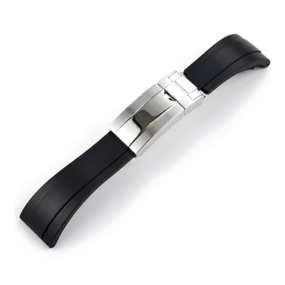 Oysterflex curved-end rubber watch strap in black with steel folding clasp | The Golden Mods