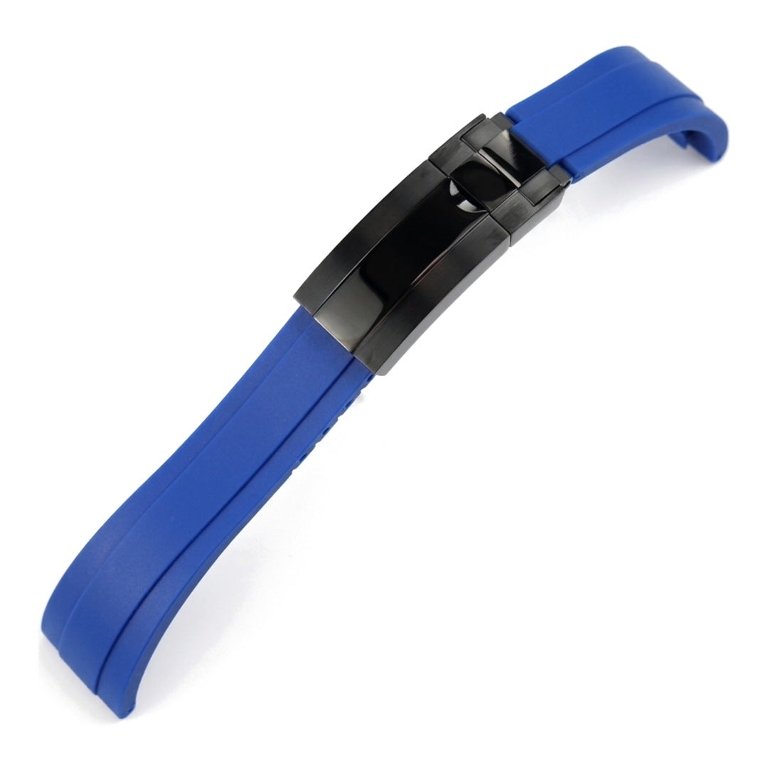 Oysterflex curved-end rubber watch strap in blue with black folding clasp | The Golden Mods