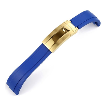 Oysterflex curved-end rubber watch strap in blue with gold folding clasp | The Golden Mods