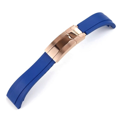 Oysterflex curved-end rubber watch strap in blue with rose gold folding clasp | The Golden Mods