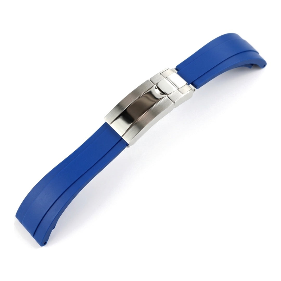Oysterflex curved-end rubber watch strap in blue with steel folding clasp | The Golden Mods