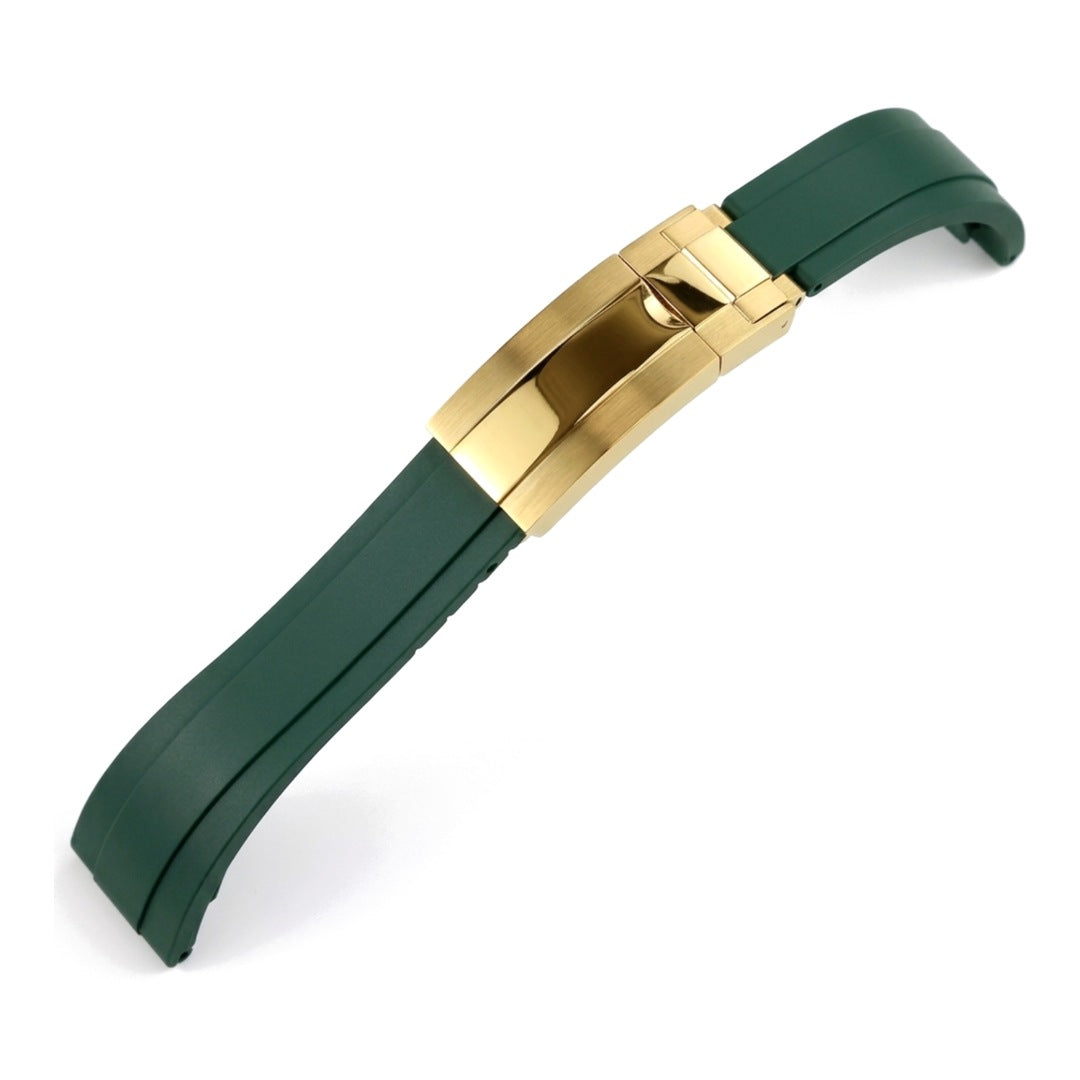 Oysterflex curved-end rubber watch strap in green with gold folding clasp | The Golden Mods