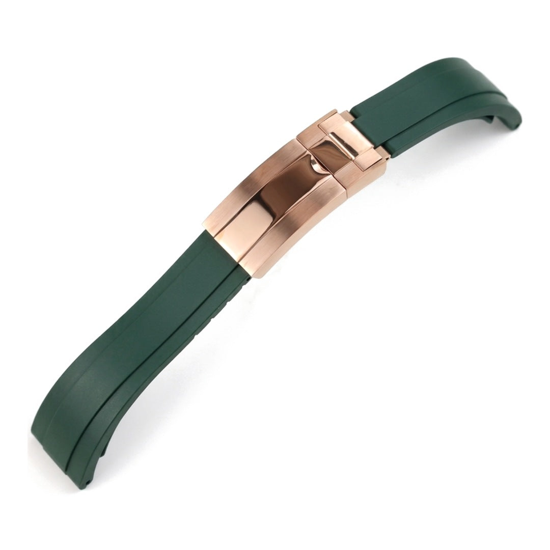 Oysterflex curved-end rubber watch strap in green with rose gold folding clasp | The Golden Mods