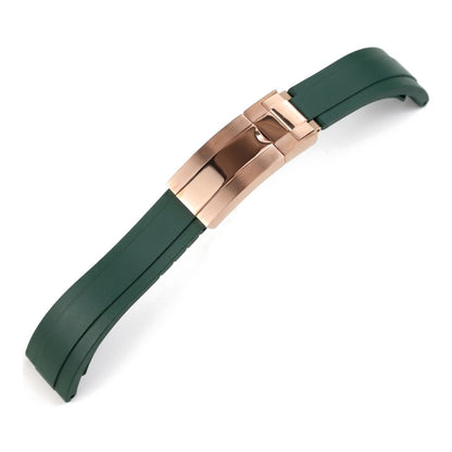 Oysterflex curved-end rubber watch strap in green with rose gold folding clasp | The Golden Mods