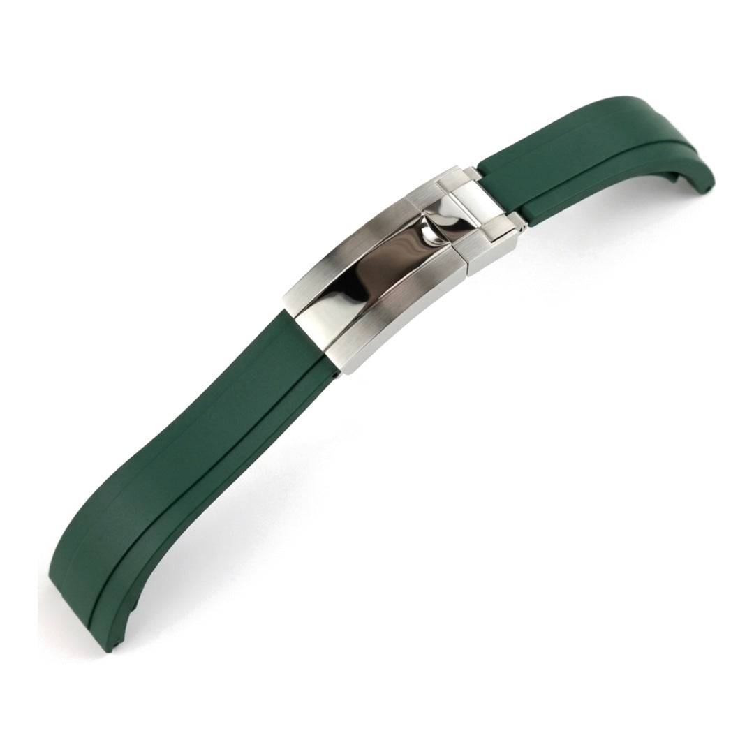 Oysterflex curved-end rubber watch strap in green with steel folding clasp | The Golden Mods