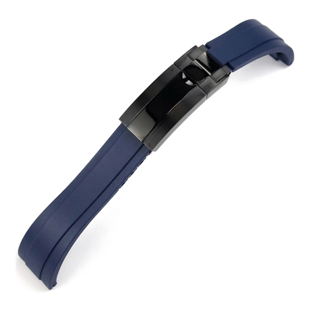 Oysterflex curved-end rubber watch strap in navy blue with black folding clasp | The Golden Mods