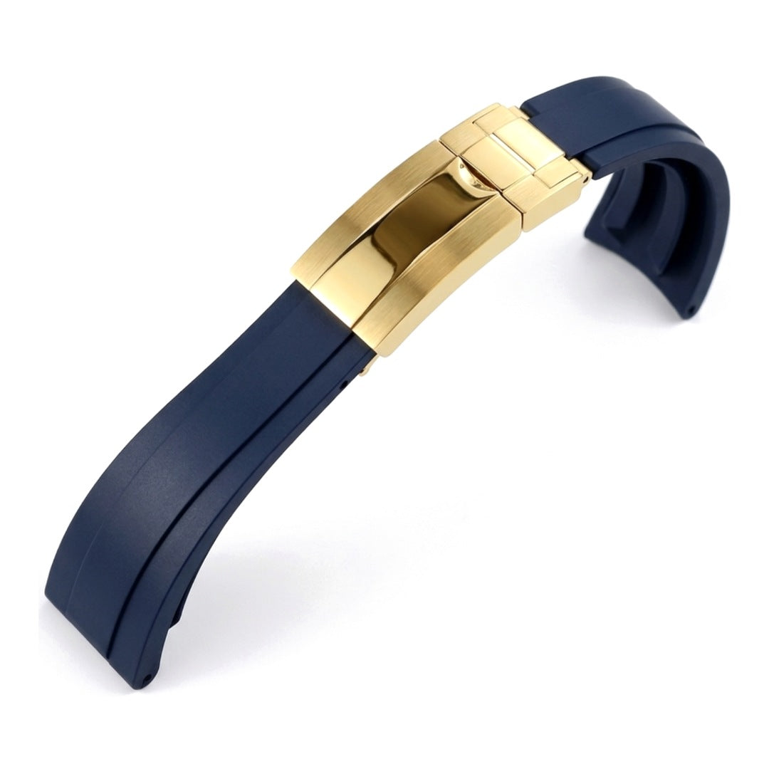 Oysterflex curved-end rubber watch strap in navy blue with gold folding clasp | The Golden Mods
