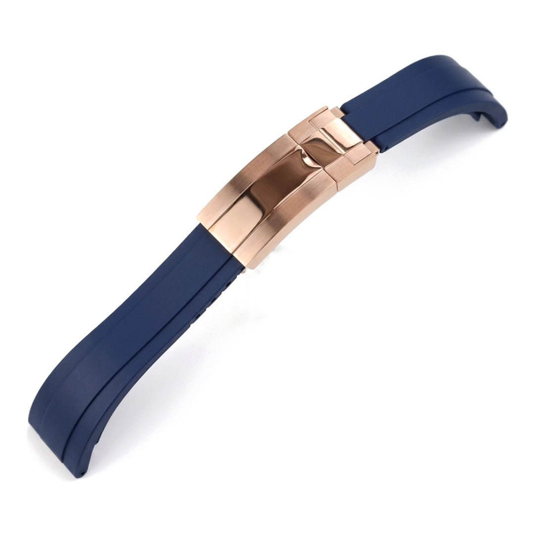Oysterflex curved-end rubber watch strap in navy blue with rose gold folding clasp | The Golden Mods