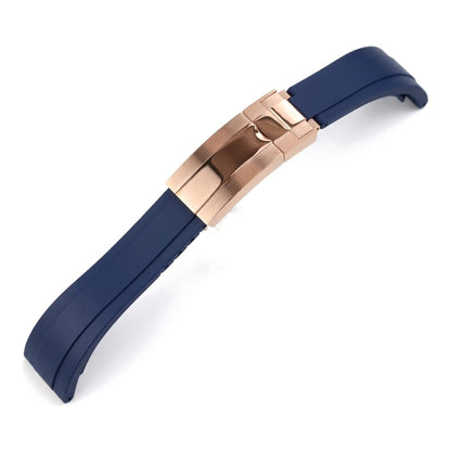 Oysterflex curved-end rubber watch strap in navy blue with rose gold folding clasp | The Golden Mods