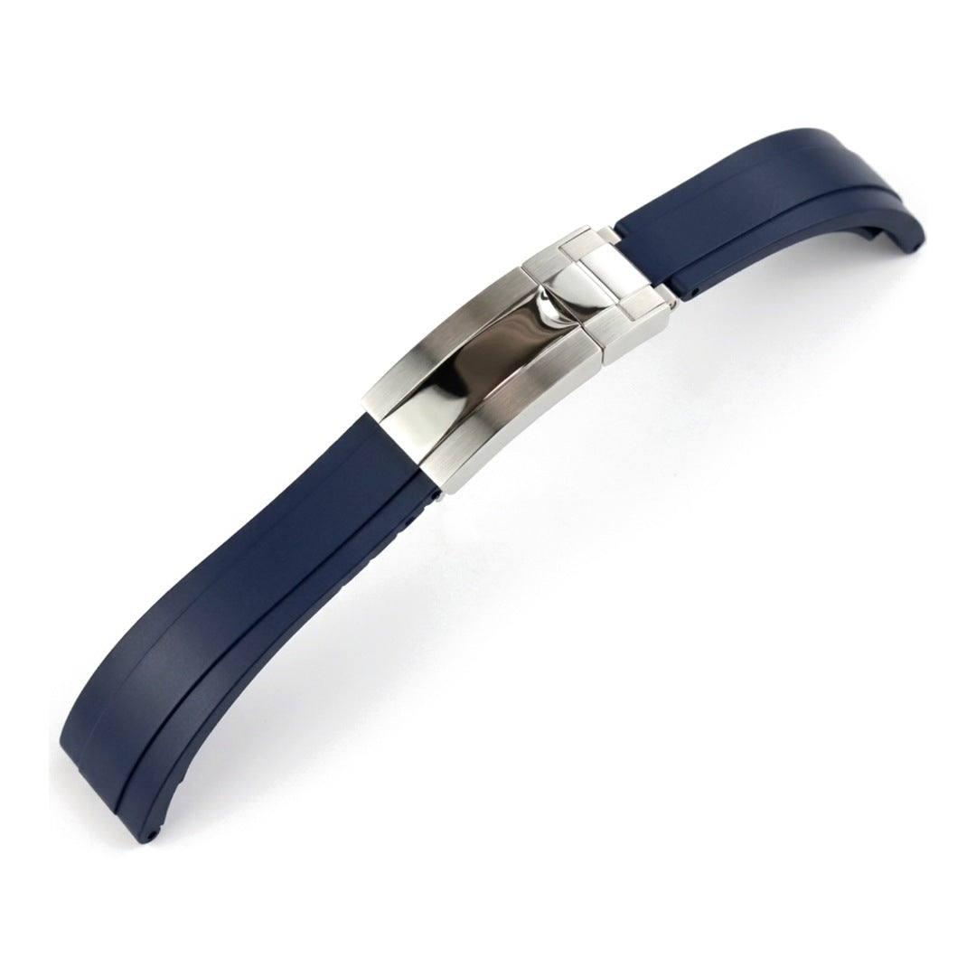 Oysterflex curved-end rubber watch strap in navy blue with steel folding clasp | The Golden Mods