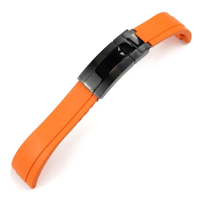 Oysterflex curved-end rubber watch strap in orange with black folding clasp | The Golden Mods