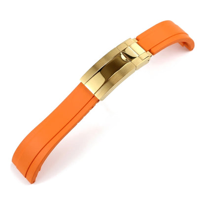 Oysterflex curved-end rubber watch strap in orange with gold folding clasp | The Golden Mods