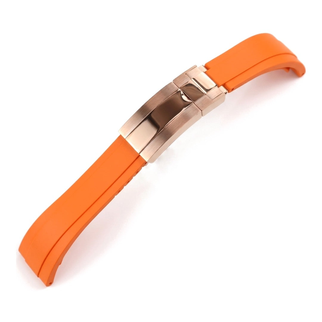 Oysterflex curved-end rubber watch strap in orange with rose gold folding clasp | The Golden Mods