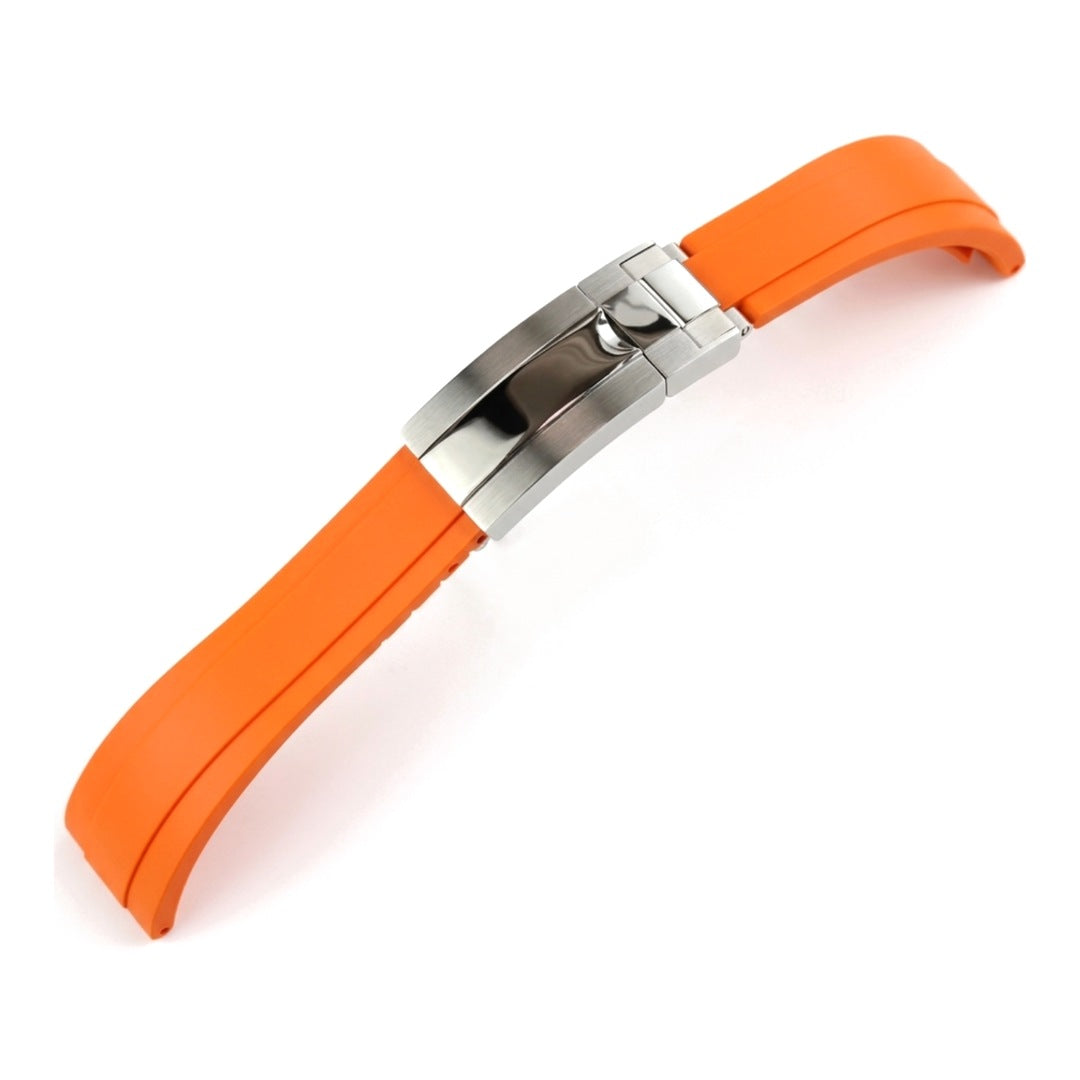 Oysterflex curved-end rubber watch strap in orange with steel folding clasp | The Golden Mods
