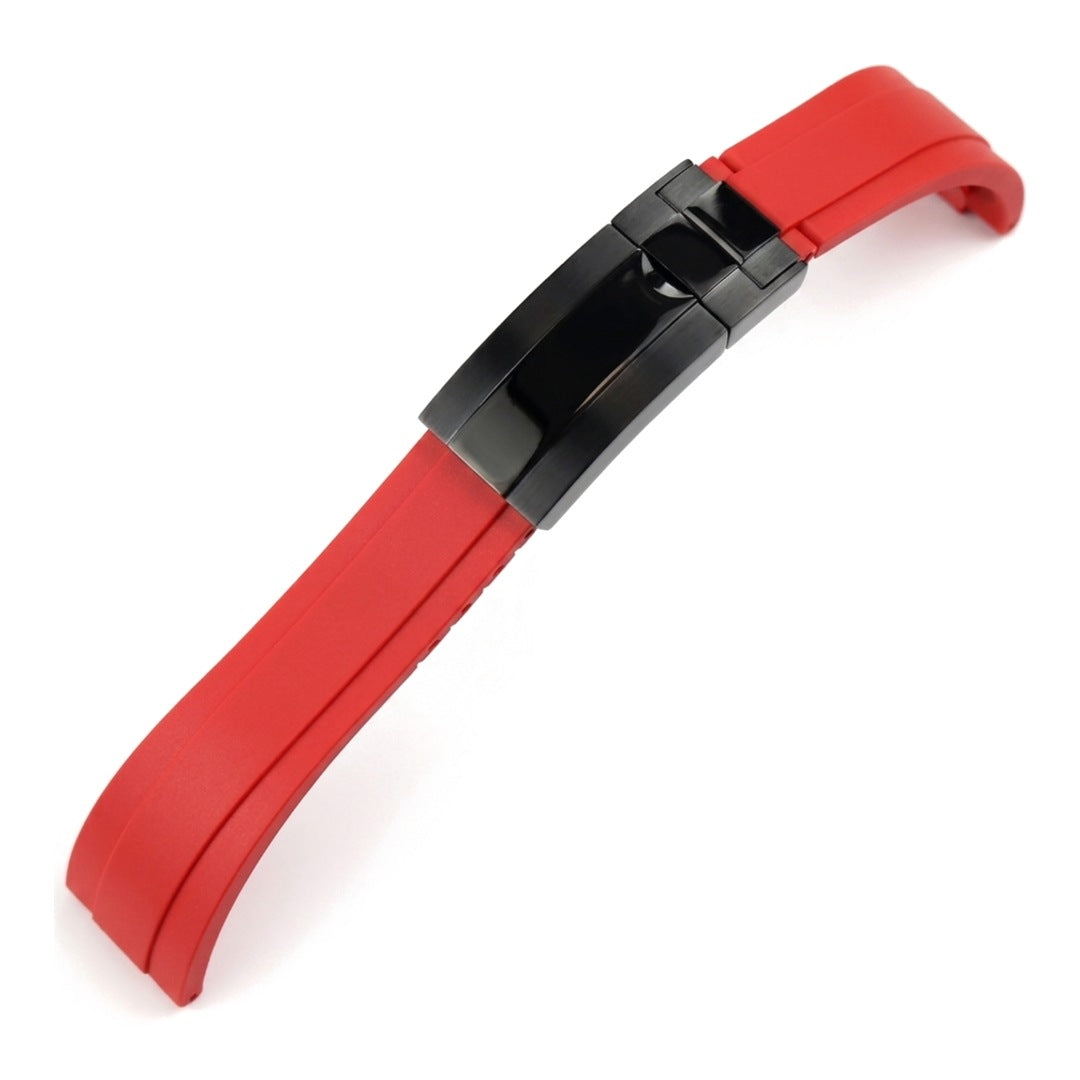 Oysterflex curved-end rubber watch strap in red with black folding clasp | The Golden Mods