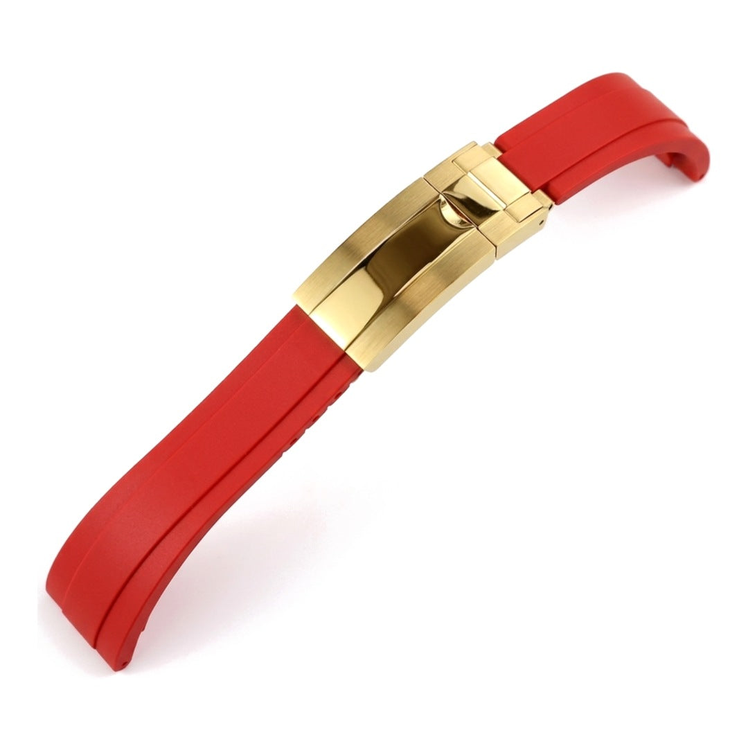 Oysterflex curved-end rubber watch strap in red with gold folding clasp | The Golden Mods
