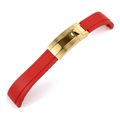 Oysterflex curved-end rubber watch strap in red with gold folding clasp | The Golden Mods