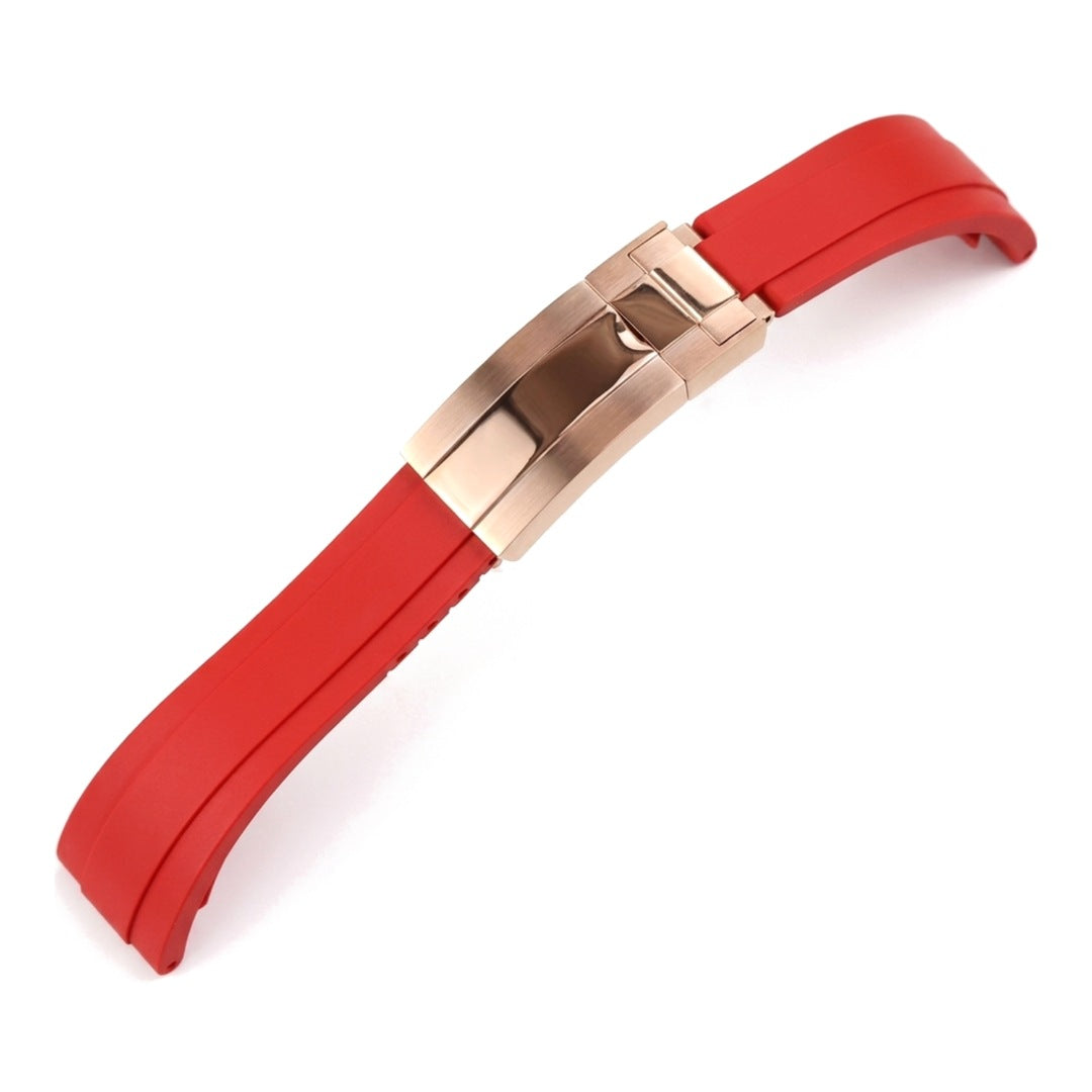 Oysterflex curved-end rubber watch strap in red with rose gold folding clasp | The Golden Mods