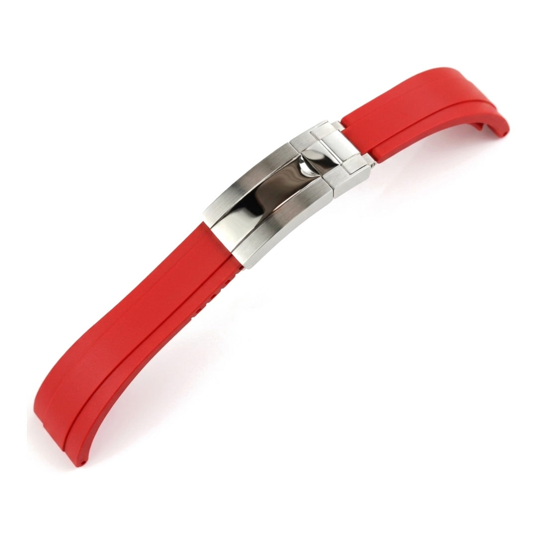 Oysterflex curved-end rubber watch strap in red with steel folding clasp | The Golden Mods
