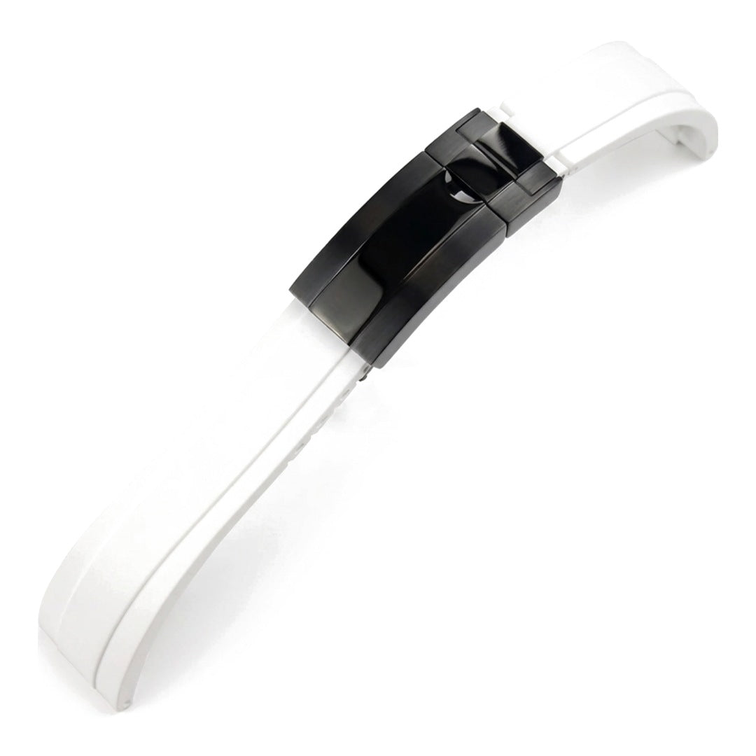 Oysterflex curved-end rubber watch strap in white with black folding clasp | The Golden Mods