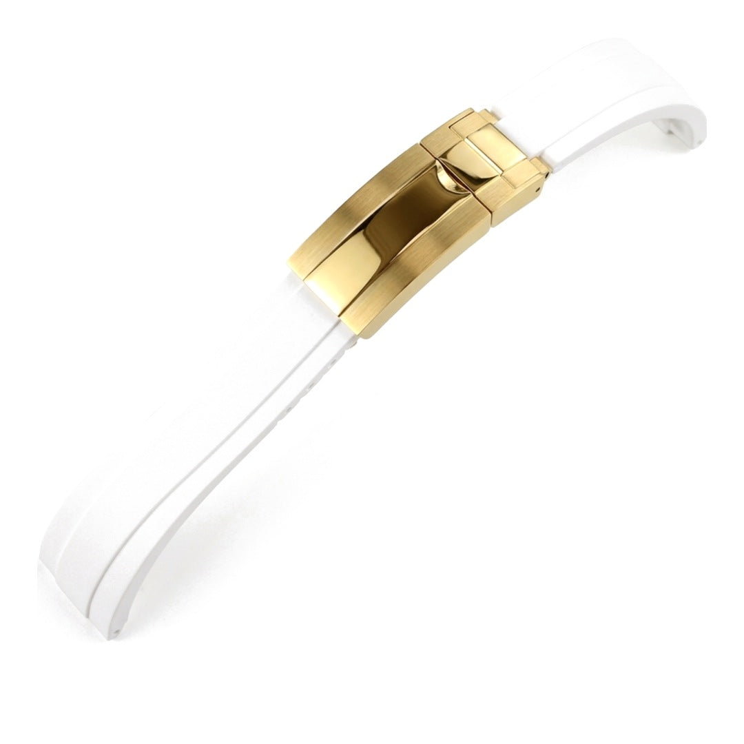 Oysterflex curved-end rubber watch strap in white with gold folding clasp | The Golden Mods