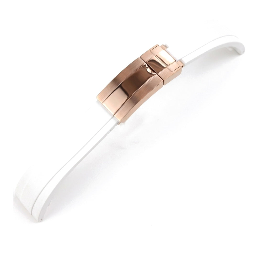 Oysterflex curved-end rubber watch strap in white with rose gold folding clasp | The Golden Mods