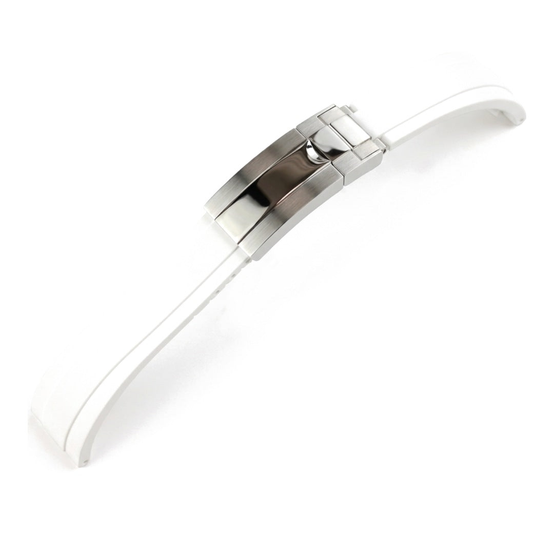 Oysterflex curved-end rubber watch strap in white with steel folding clasp | The Golden Mods