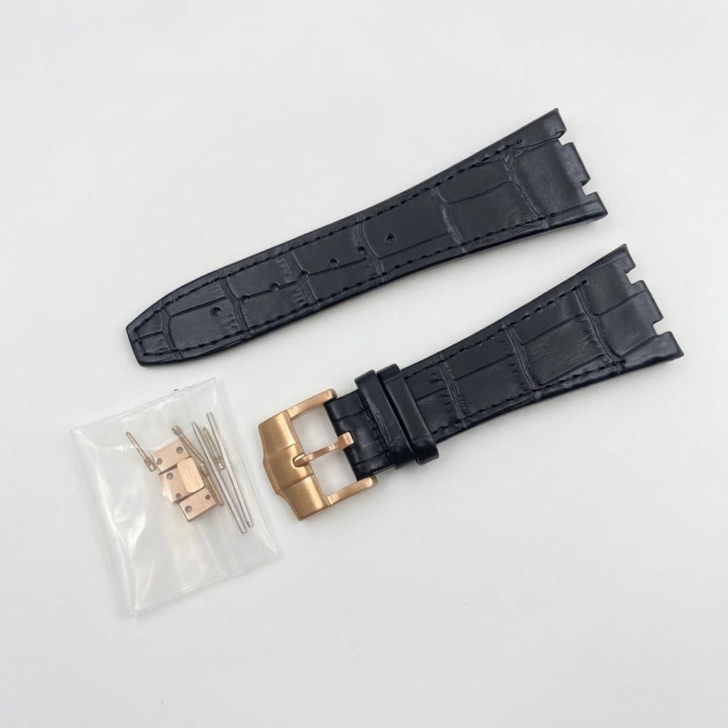 Seikoak leather strap in black with rose gold buckle
