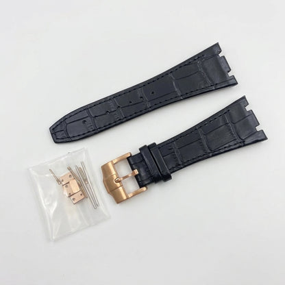 Seikoak leather strap in black with rose gold buckle