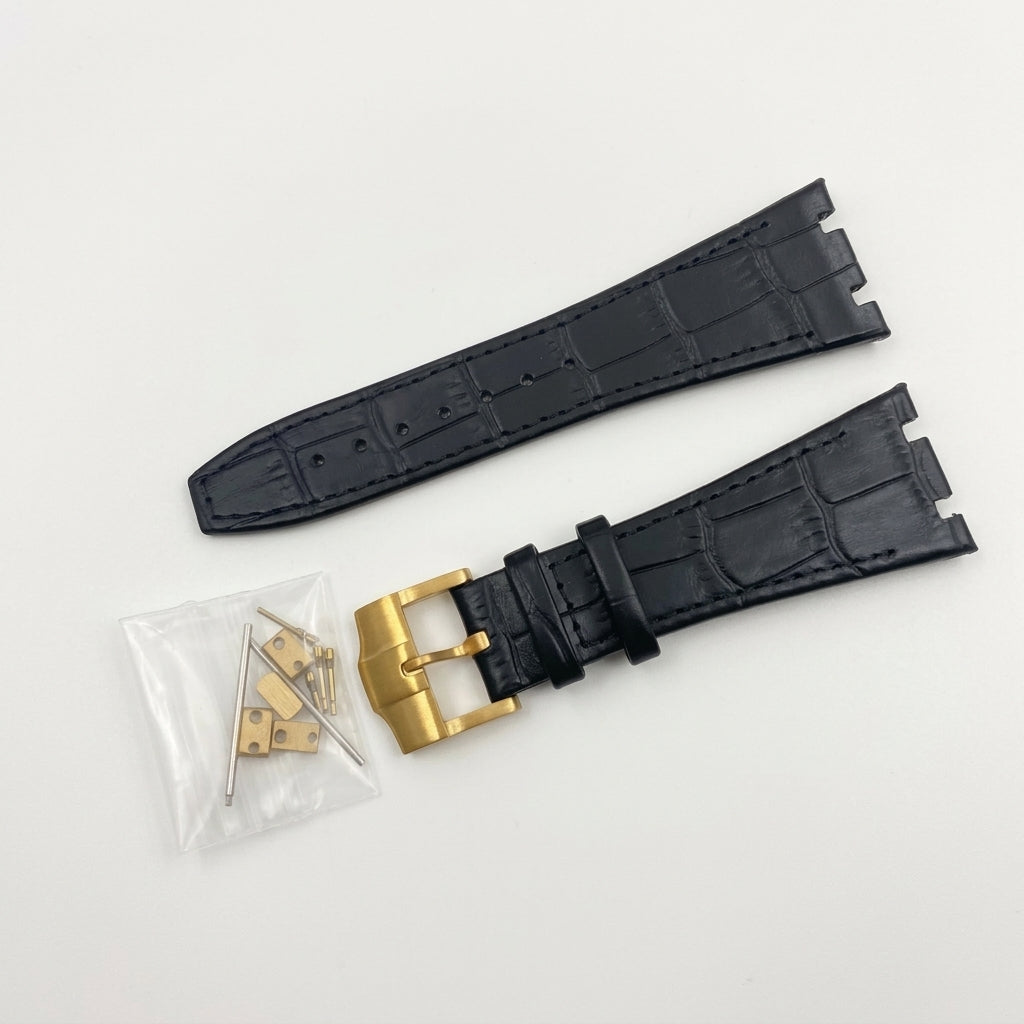 Seikoak leather strap in black with gold buckle