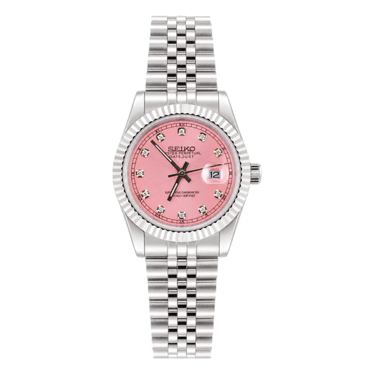 Ladyjust Pink Diamond Seiko mod watch front view | The Golden Mods