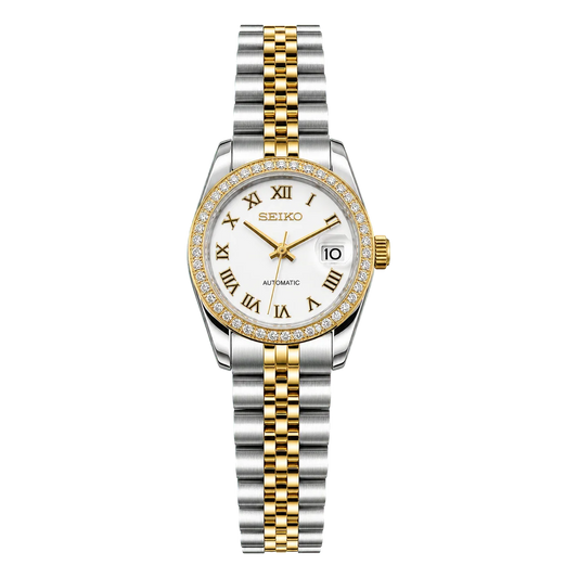 Ladyjust Two-Tone White Roman Diamond Seiko mod watch front view | The Golden Mods