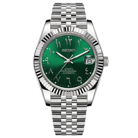 Seikojust Arabic Green Seiko mod watch – green Arabic-numeral dial, front view