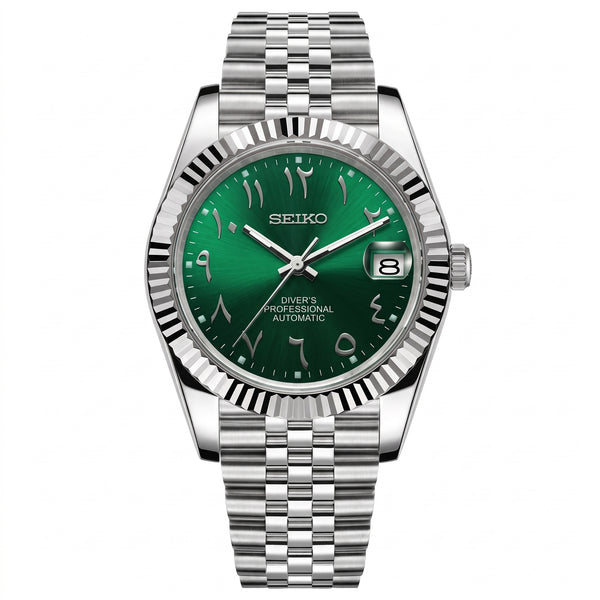 Seikojust Arabic Green Seiko mod watch – green Arabic-numeral dial, front view