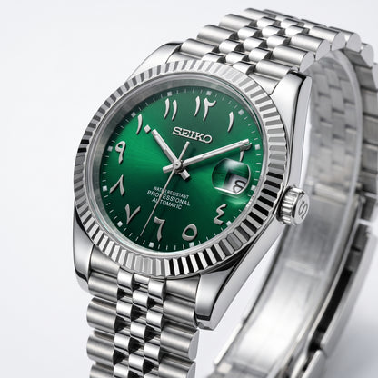 Seikojust Arabic Green Seiko mod watch – green Arabic-numeral dial, side view