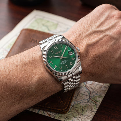 Seikojust Arabic Green Seiko mod watch – green Arabic-numeral dial, wrist shot