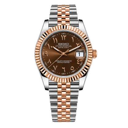 Seikojust Arabic Chocolate Dial Seiko mod watch front view | The Golden Mods