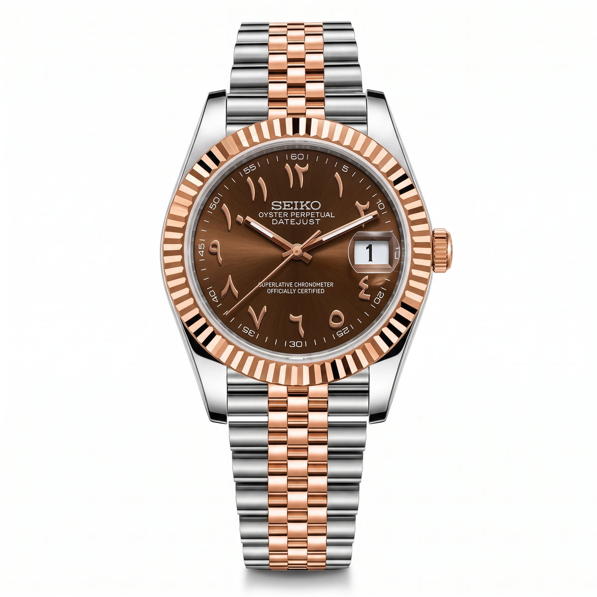Seikojust Chocolate Two Tones Seiko mod watch – chocolate Arabic-numeral dial, front view