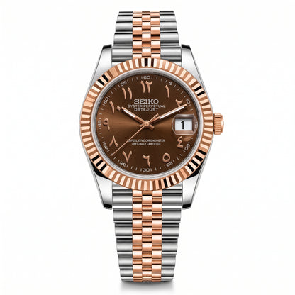 Seikojust Chocolate Two Tones Seiko mod watch – chocolate Arabic-numeral dial, front view