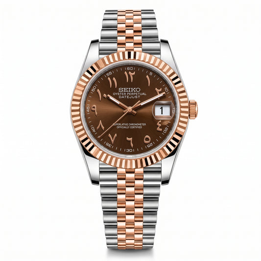 Seikojust Chocolate Two Tones Seiko mod watch – chocolate Arabic-numeral dial, front view