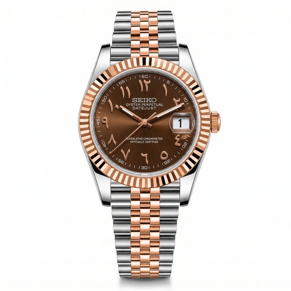 Seikojust Chocolate Two Tones Seiko mod watch – chocolate Arabic-numeral dial, front view