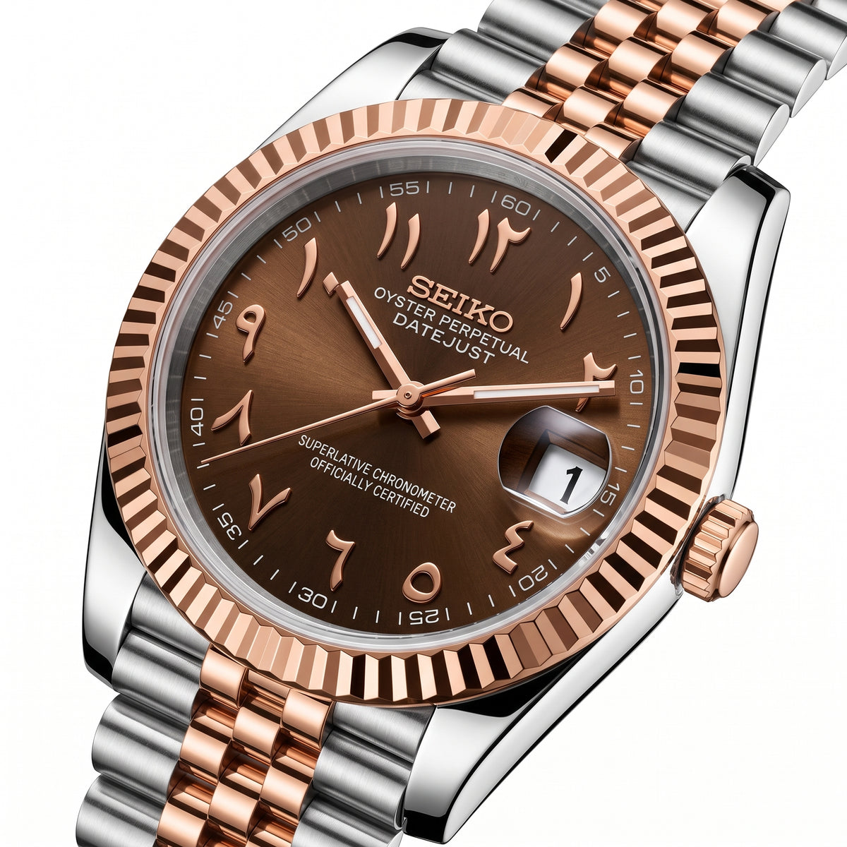 Seikojust Chocolate Two Tones Seiko mod watch – chocolate Arabic-numeral dial, side view